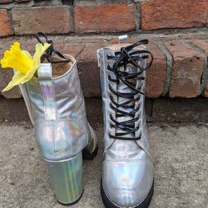 Holographic Silver Rainbow Chunky Heel Boots